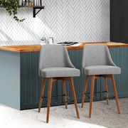 2x Wooden Bar Stools Swivel Bar Stool Kitchen Cafe Fabric Light Grey