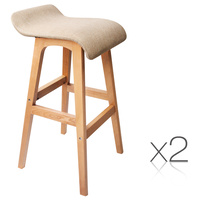 Set of 2 Beech Wood Fabric Bar Stools - Taupe