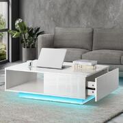 Coffee Table LED Light High Gloss Storage Drawer Modern Furniture White