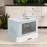  Foldable Cat Litter Box Tray Enclosed Kitty Toilet Hood Hair Grooming Blue