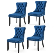 Set Of 4 Blue Velvet Dining Chairs With Solid Wood Legs
