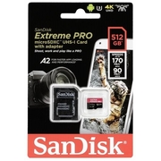 SANDISK SDSQXCZ-512G-GN6MA MICRO EXTREME PRO A2 V30 UHS-I/U3 170R/90W SDXC CARD WITH ADAPTER