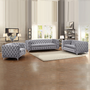 3+2+1 Seater Sofa Classic Button Tufted Lounge In Grey Velvet Fabric