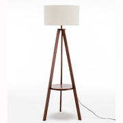 Wooden Tripod Floor Lamp W/ Round Shelf + Off White Linen Shade - Cherry