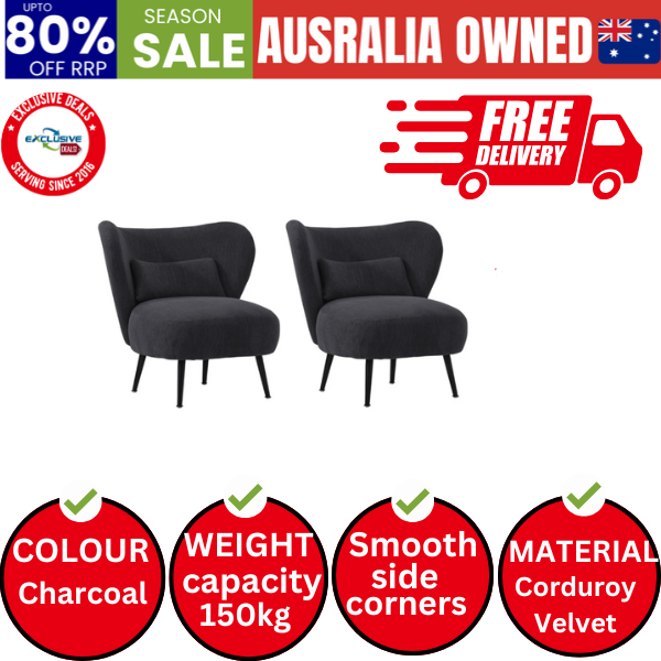 2x Armchair Lounge Chair with Lumbar Pillow Wingback Velvet Charcoal