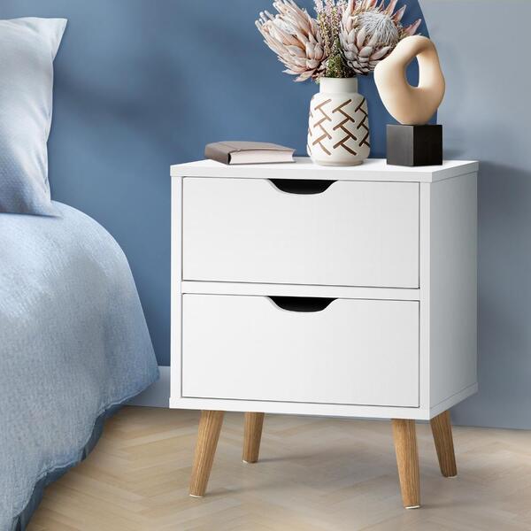 White Wooden Bedside Table 2 Drawers for Nightstand Storage