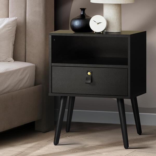 Bedside Tables Side Table Drawer Storage w/ Leather Handle