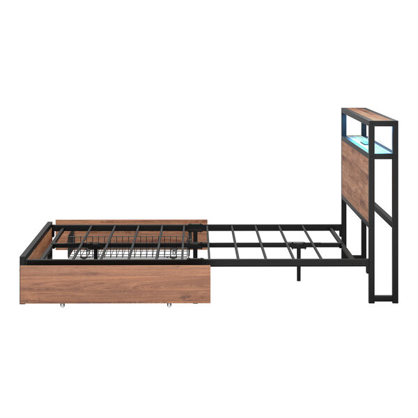 Metal Bed Frame Double LED Storage Headboard USB Charging & 2 Drawers