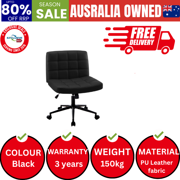 Mid Back Armless Office Desk Chair Wide Seat PU Leather Black w/Wheels