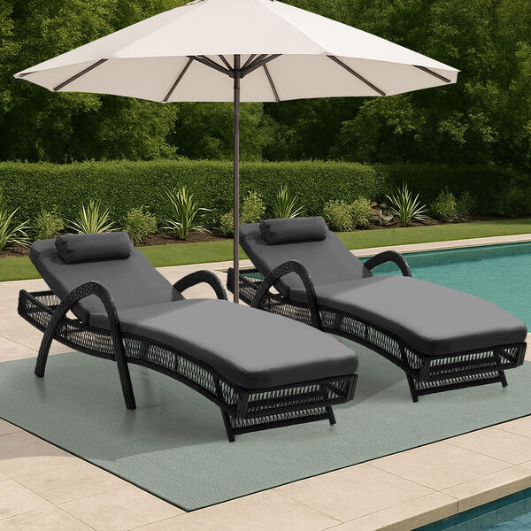 2PCS Outdoor Sun Lounge Wicker Bed Patio Furniture Grey