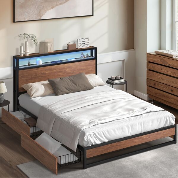 Metal Bed Frame Queen LED Storage Headboard USB Charging & 4 Drawers