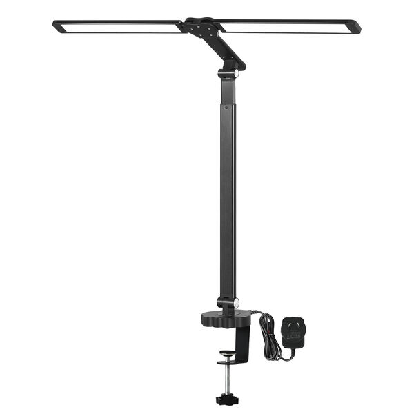 Ergonomic Double Head LED Desk Lamp Dimmable With Clamp  Wood Finish