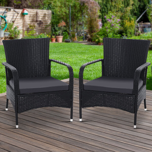 Outdoor Dining Chairs x2 Wicker Chair Patio Garden Furniture Bistro Setting Lounge Cafe Cushion XL Black