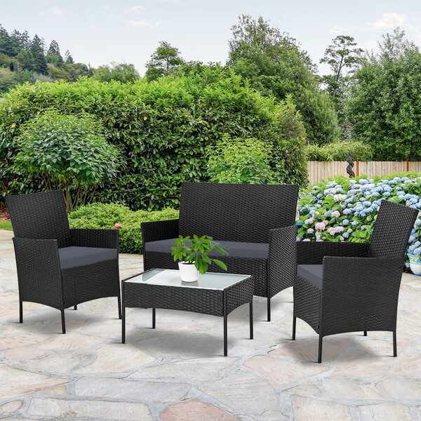 4 Seater Outdoor Sofa Set With Storage Cover Wicker Table Chair Black