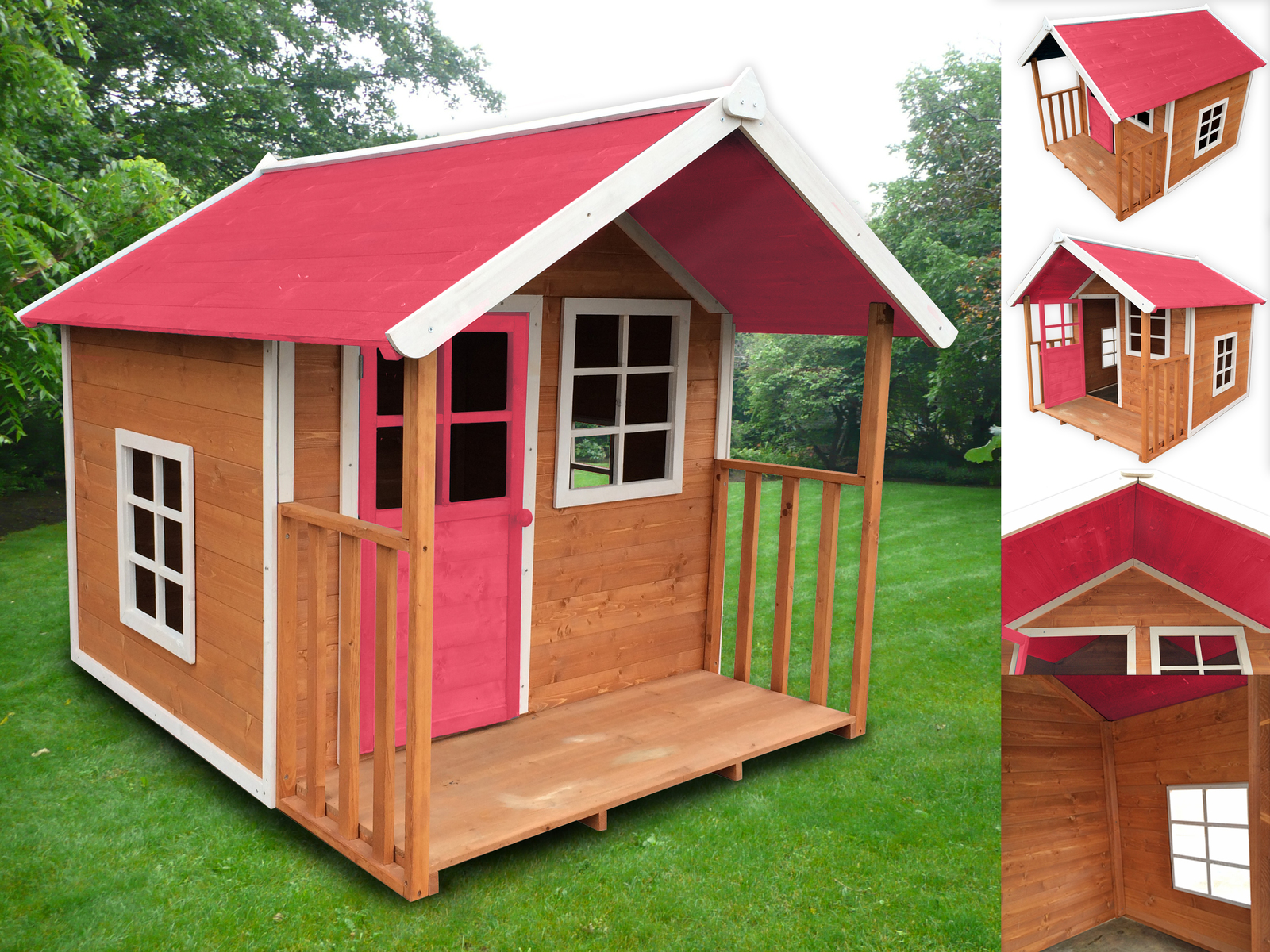 Kids Outdoor Wooden Playhouse with Pink Roof 172 x 140 x 