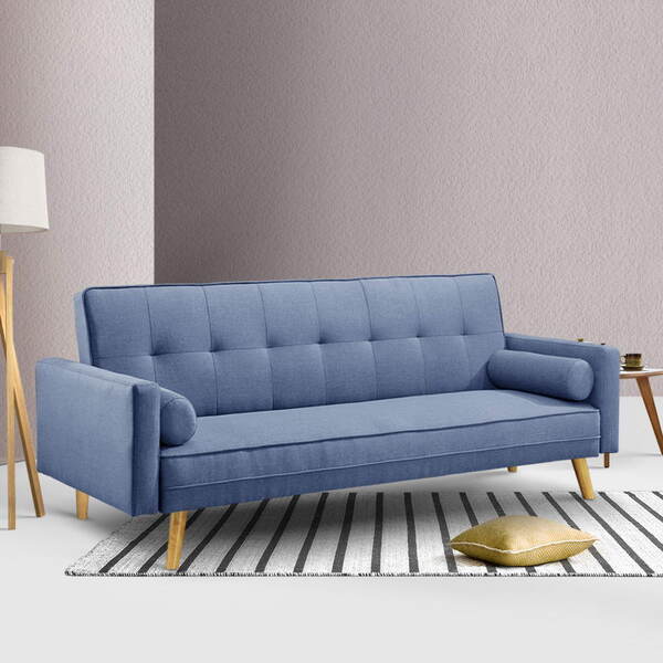 3 Seater Faux Linen Fabric Sofa Blue Afterpay Zippay Zipmoney Artiss 3 Seater Fabric Lounge Chair Blue