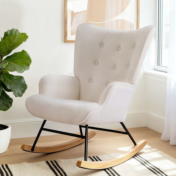 Rocking Armchair Nursing Chair Boucle Fabric White Modern Accent Seat