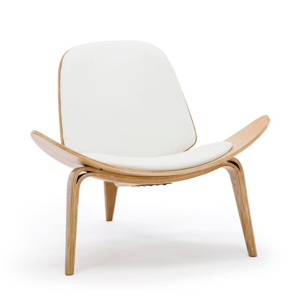 Hans Wegner Shell Chair - White Top Layer Genuine Leather / Ash Wood