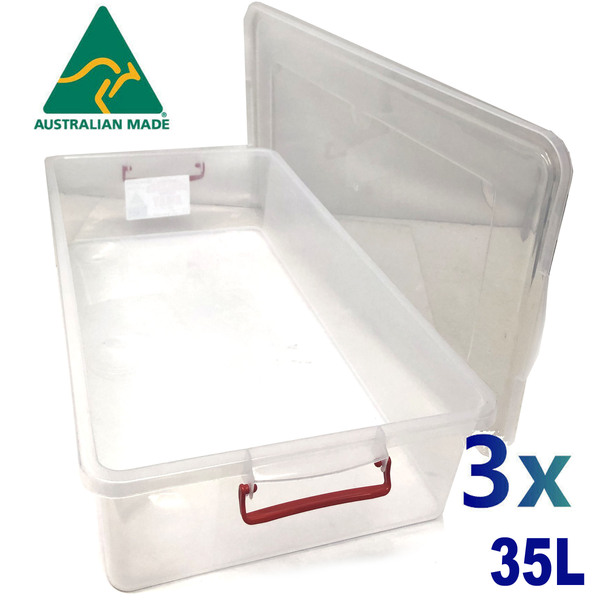 3X 35L Australian Made Premium Underbed Plastic Storage Tub Under Bed