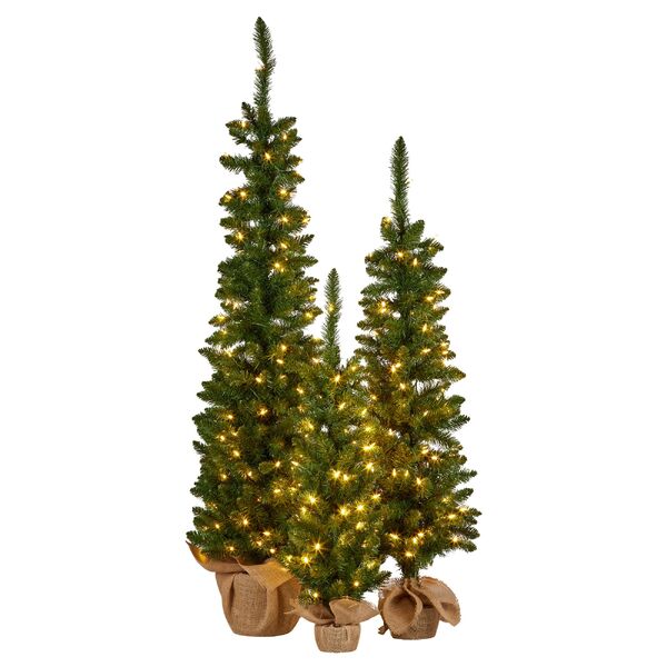 Set of 3 Pre-Lit Green Pine Christmas Trees with LED Lights & Hessian Base