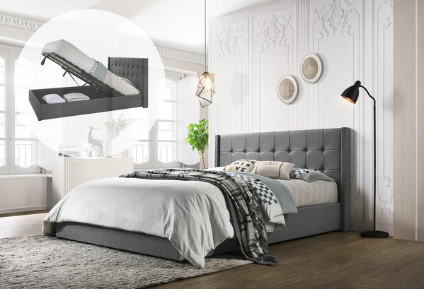 King Sized Winged Fabric Bed Frame with Gas Lift Storage in Light Grey