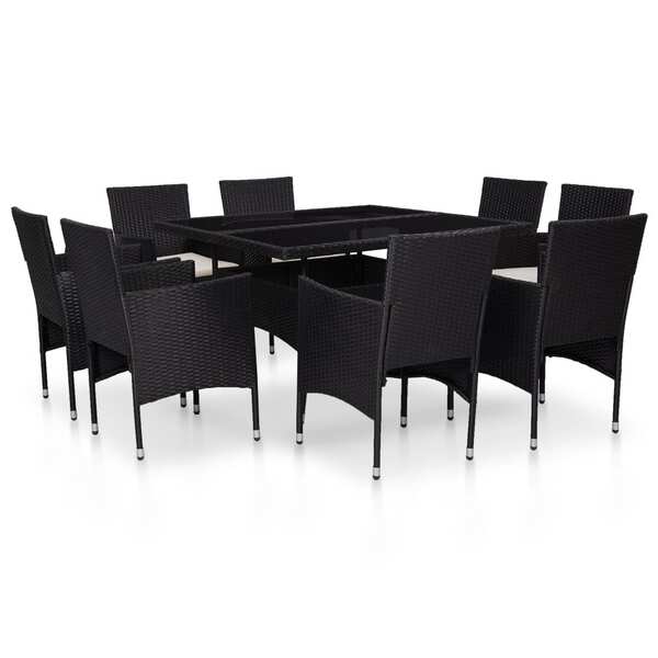 9 Piece Outdoor Dining Set Black Poly Rattan and Glass