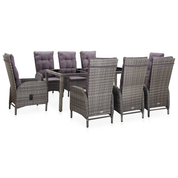 9 Piece Outdoor Dining Set Poly Rattan and Tempered Glass Grey