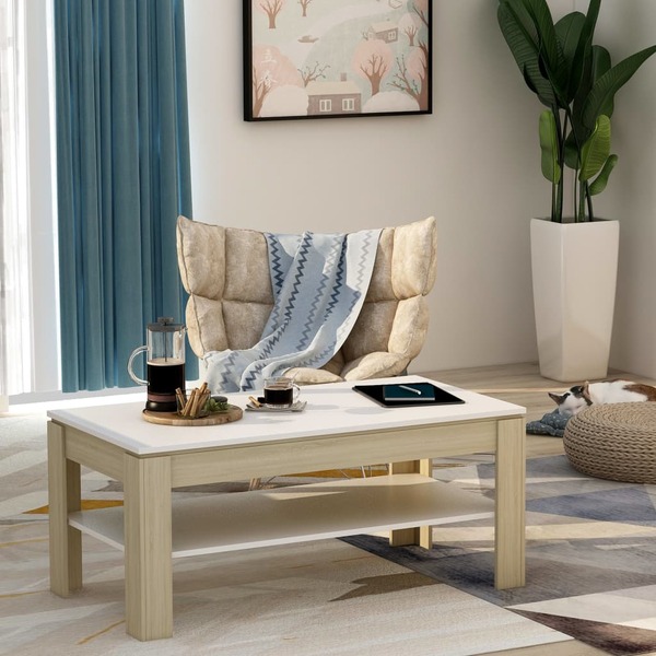 Coffee Table White and Sonoma Oak 110x60x47 cm Chipboard