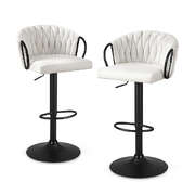 Bar stool x2 kitchen dining chair counter gaslift woven velvet ivory