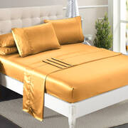 DreamZ Ultra Soft Silky Satin Bed Sheet Set in Double Size in Gold Colour