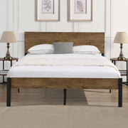 Metal Bed Frame Queen Size Mattress Base Platform Wooden Headboard Brown