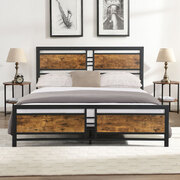 Metal Bed Frame Queen Size Mattress Base Platform Wooden Headboard Black