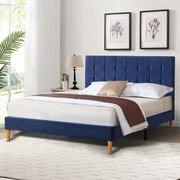 Bed Frame Double Size Mattress Base Platform Wooden Velevt Headboard Blue