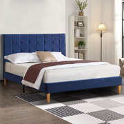 Bed Frame Wooden with Velevt Blue Padded Headboard Double