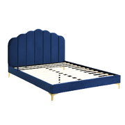 Bed Frame Wooden with Velevt Blue Modern Headboard Double