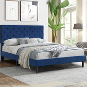 Bed Frame Wooden with Velevt Blue Simple Backboard Queen