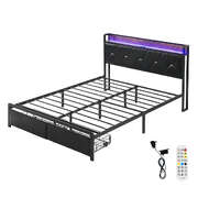 Cozy Queen Metal Bed Frame LED Lights 2 Drawers - Adjustable Height