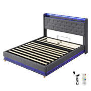 Modern Queen Bed Frame Gas Lift LED Light - Soft Cushion Classic