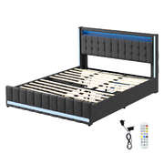 Modern King Bed Frame Fabric Storage Drawer LED USB - Soft Cushion