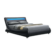 LED Bed Frame Double Full Size Base Mattress Platform Black Leather ALEX