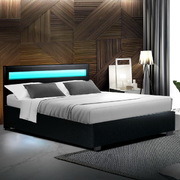 LED Bed Frame Double Full Size Gas Lift Base With Storage Black Leather