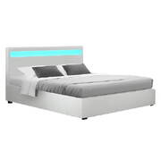 Bed Frame Double Size LED Gas Lift White COLE