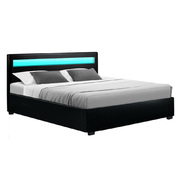 LED Bed Frame King Size Gas Lift Base With Storage Black Leather