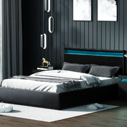 LED Bed Frame Queen Size Gas Lift Base With Storage Black Leather