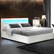 Bed Frame Queen Size LED Gas Lift White COLE