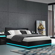 RGB LED Bed Frame Double Full Size Gas Lift Base Storage Black Leather LUMI