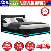 Bed Frame Double Size LED Gas Lift Black LUMI