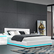 RGB LED Bed Frame King Size Gas Lift Base Storage White Leather LUMI