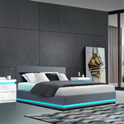 RGB LED Bed Frame Queen Size Gas Lift Base With Storage Grey Fabric LUMI