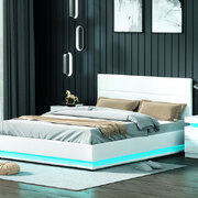 Bed Frame Queen Size LED Gas Lift White LUMI